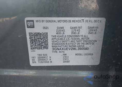 2021 Chevrolet Equinox Awd Lt z USA, uszkodzony, nr VIN 3GNAXUEV2ML390580